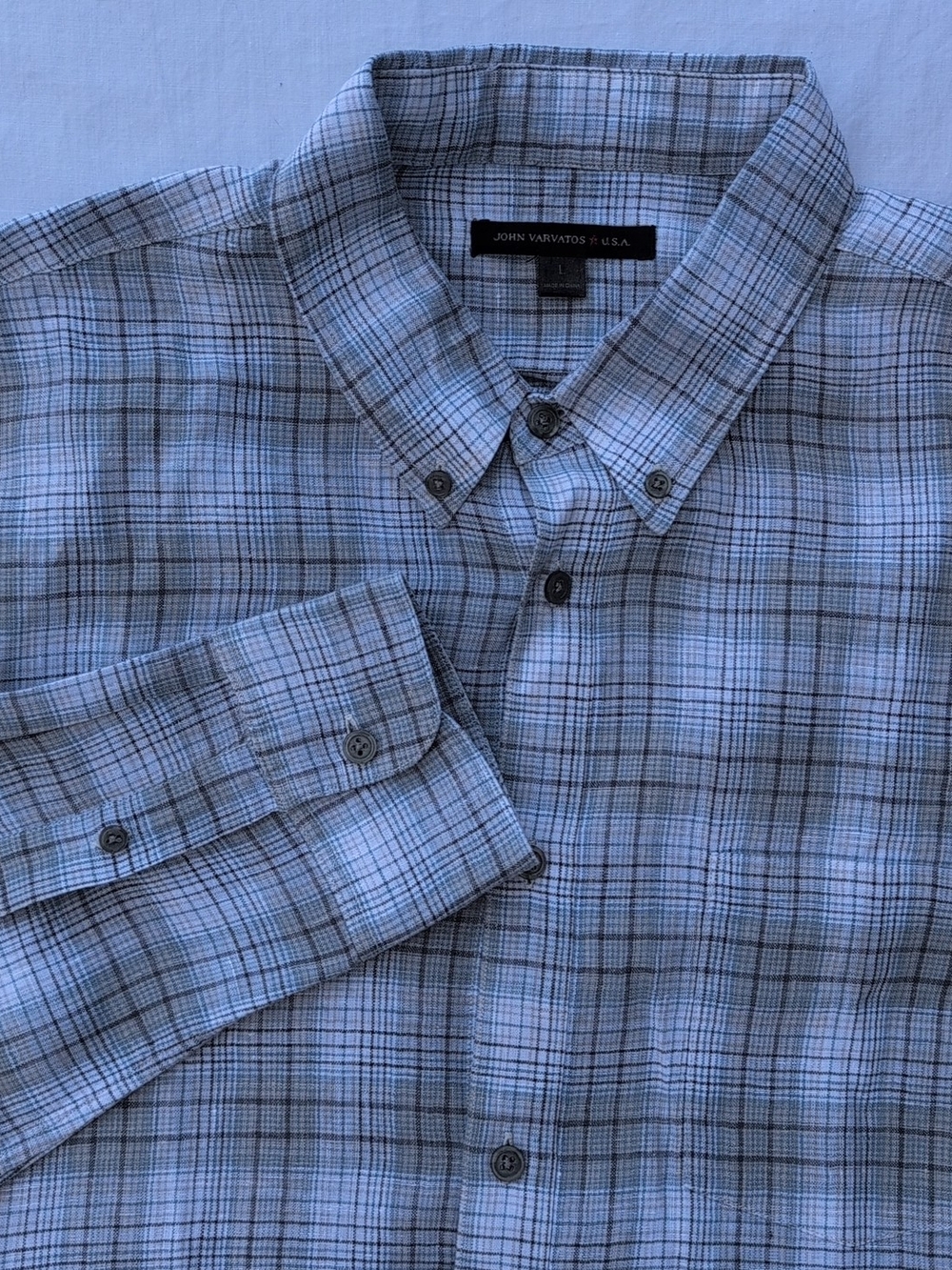 John Varvatos Shirt Mens Large Plaid Linen Button Down Roll Tab Sleeves Casual